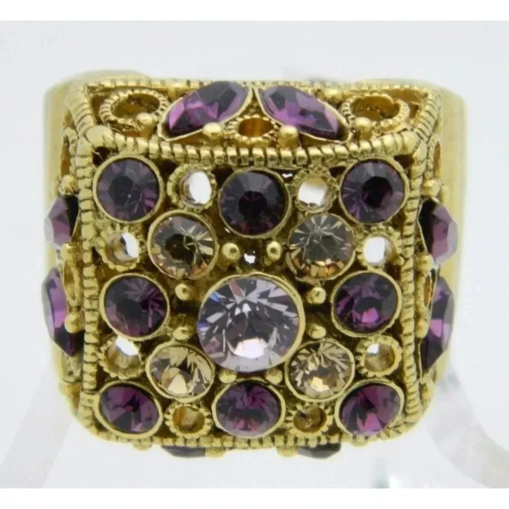 Vintage Gold Tone Purple Topaz Rhinestone Large Open Work Statement Ring 9.5